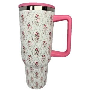 40oz Pink Floral Tumbler With Handle Straw Double Wall Stainless Steel Cup